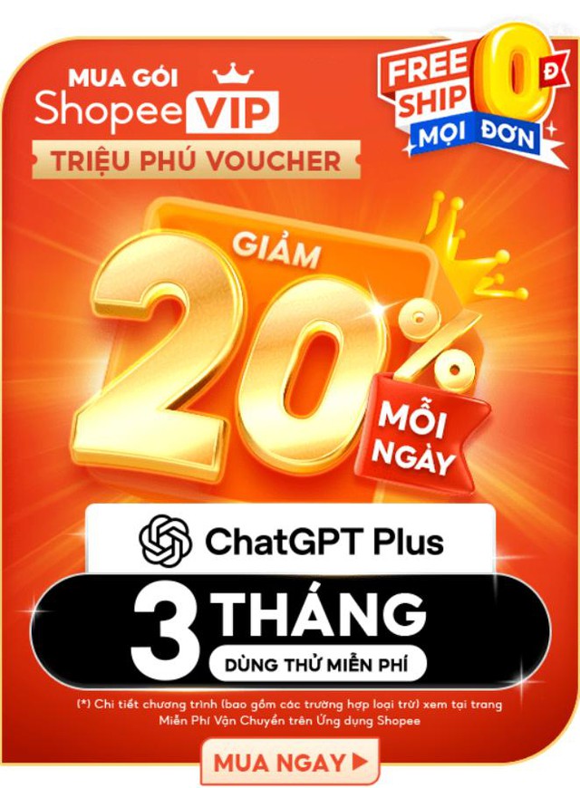 Miễn phí 3 tháng dùng thử ChatGPT Plus dành cho hội viên ShopeeVIP từ 8/8